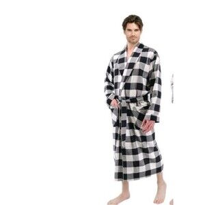 NEW Andrew Scott Mens S/M Full Length Cotton Flannel House Robe Hooded Plaid